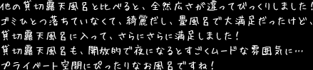 他の貸切露天風呂と比べると、全然広さが違ってびっくりしました！ゴミひとつ落ちていなくて、綺麗だし、畳風呂で大満足だったけど、貸切露天風呂に入って、さらにさらに満足しました！貸切露天風呂も、開放的で夜になるとすごくムードな雰囲気に…プライベート空間にぴったりなお風呂ですね！